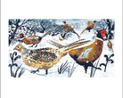 Illustration of pheasants in a snowy landscape