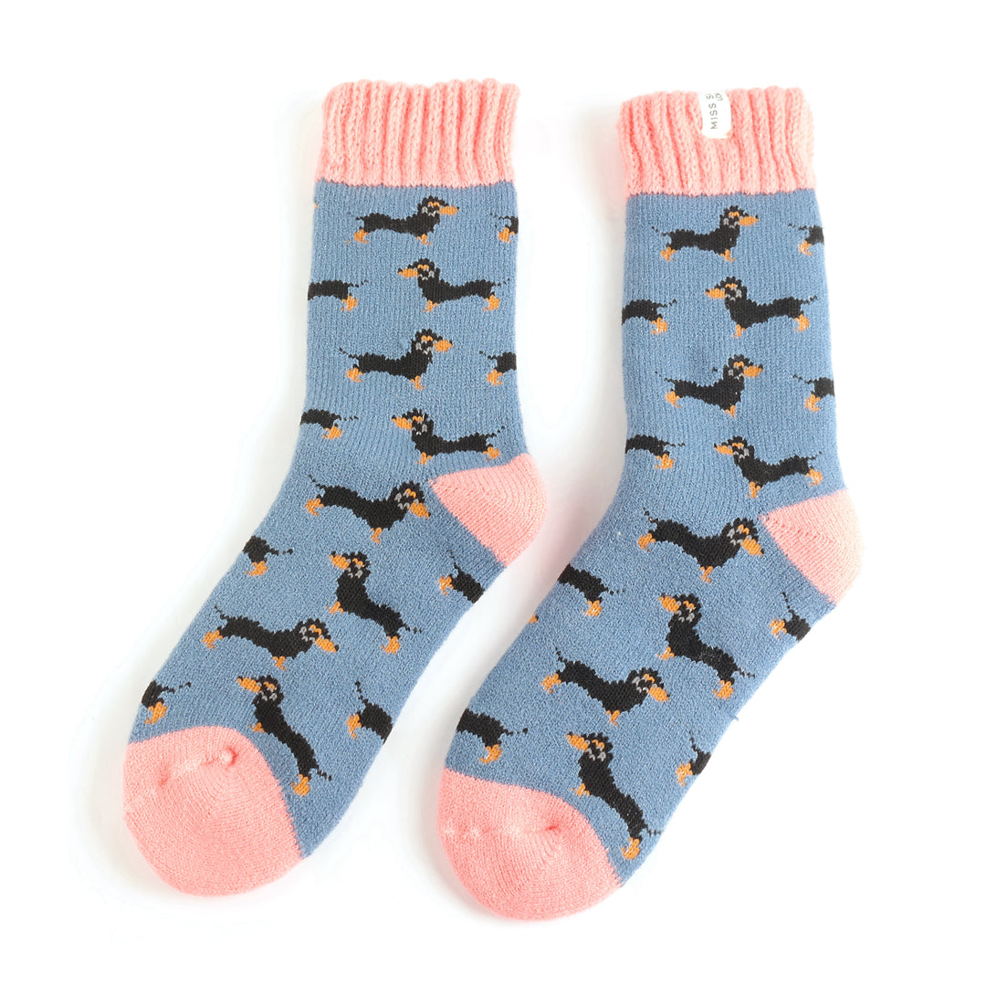 Pair of socks with dachshund pattern on a light blue background