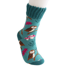 Teal sock with owl pattern on a white background