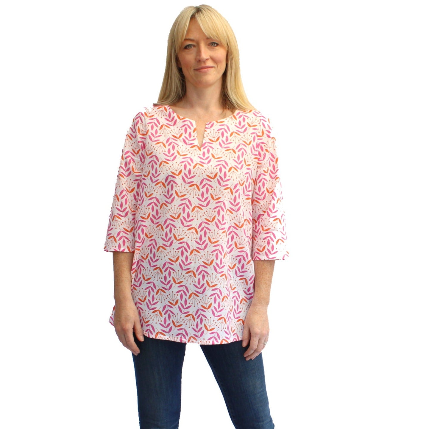 block printed orange and pink tunic top