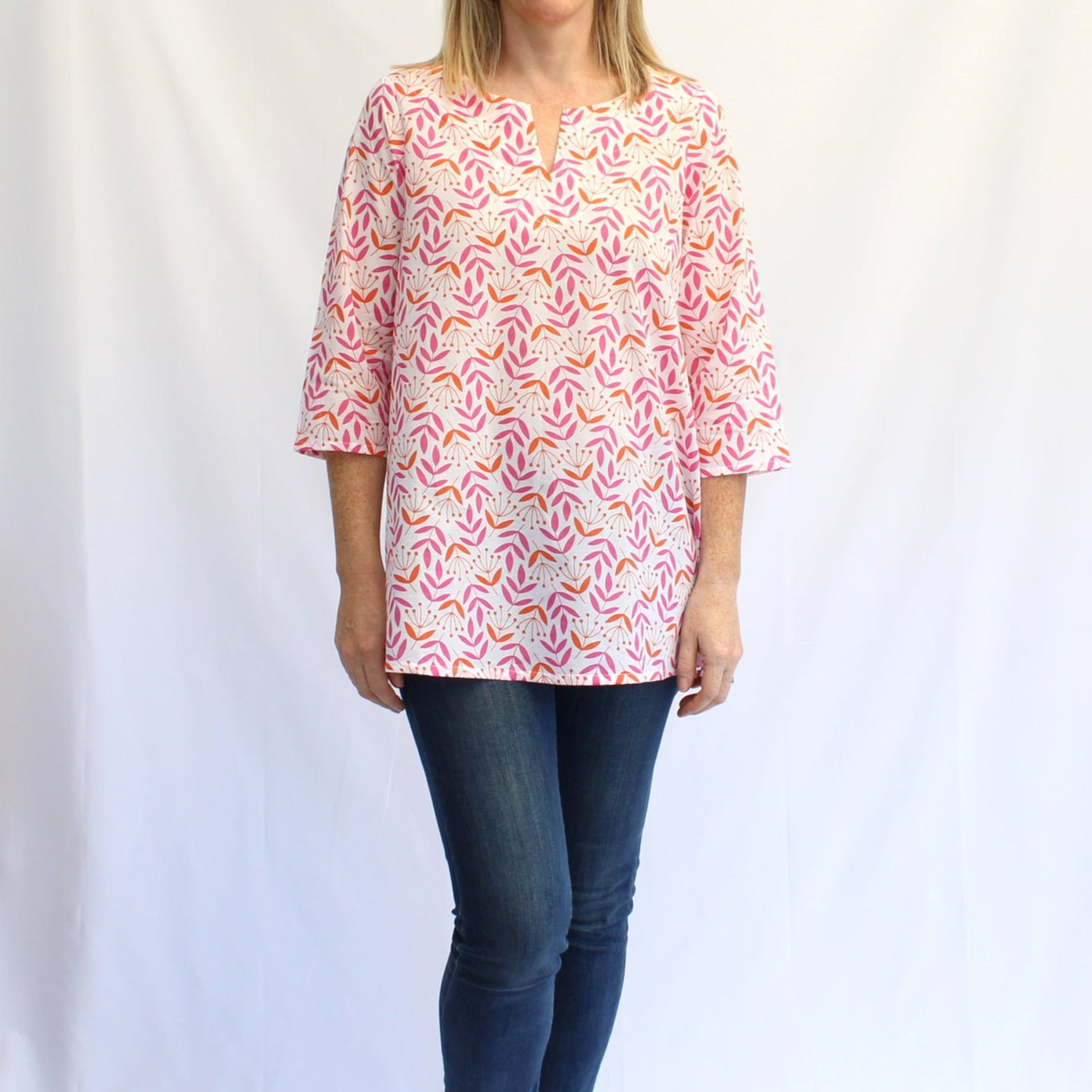 block printed orange and pink tunic top