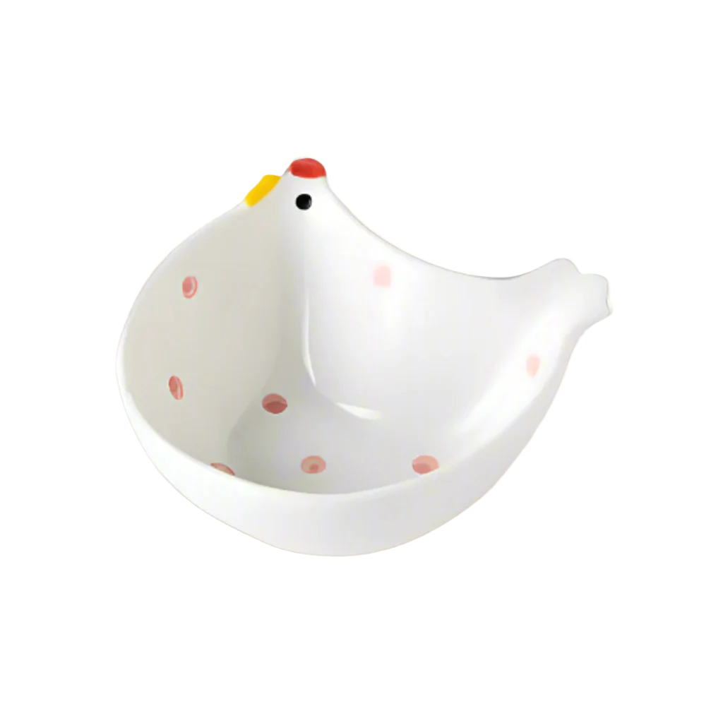 Ceramic chicken-shaped container with red spots on a white background