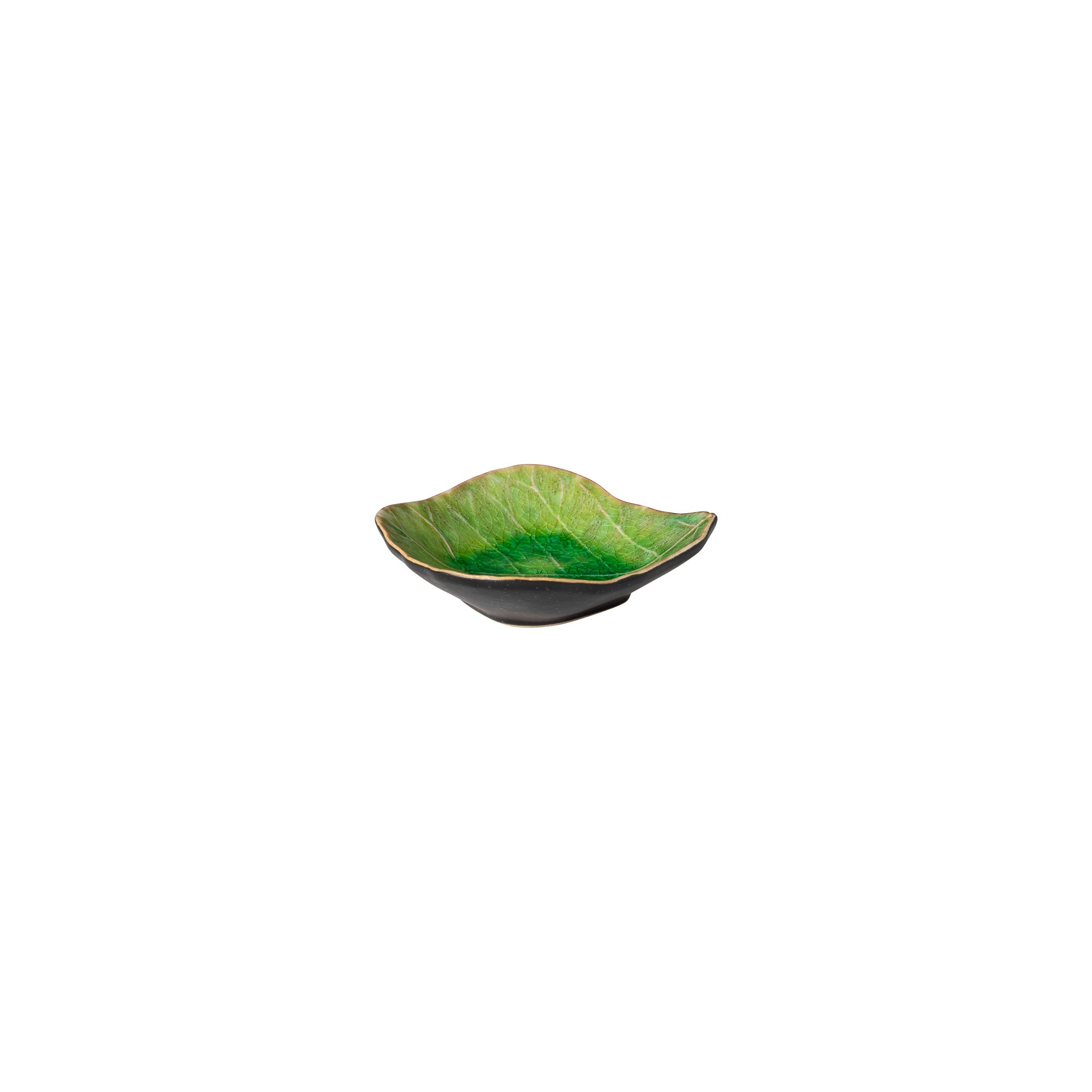 Green leaf-shaped ceramic bowl on a white background
