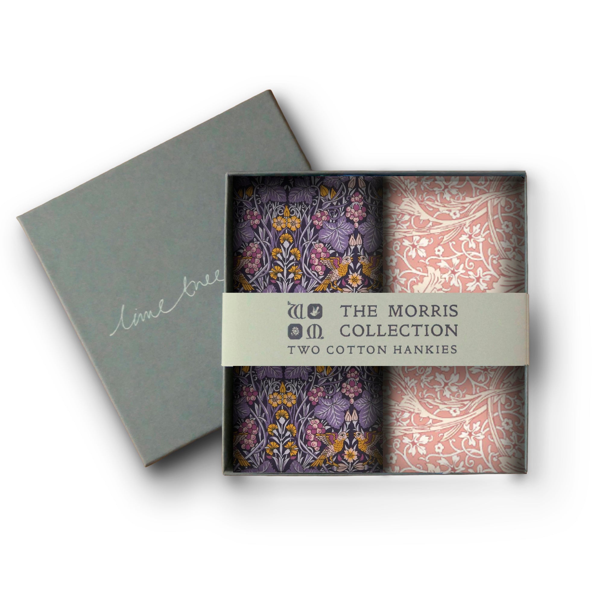 Two floral cotton hankies in a box with 'The Morris Collection' branding on a white background.