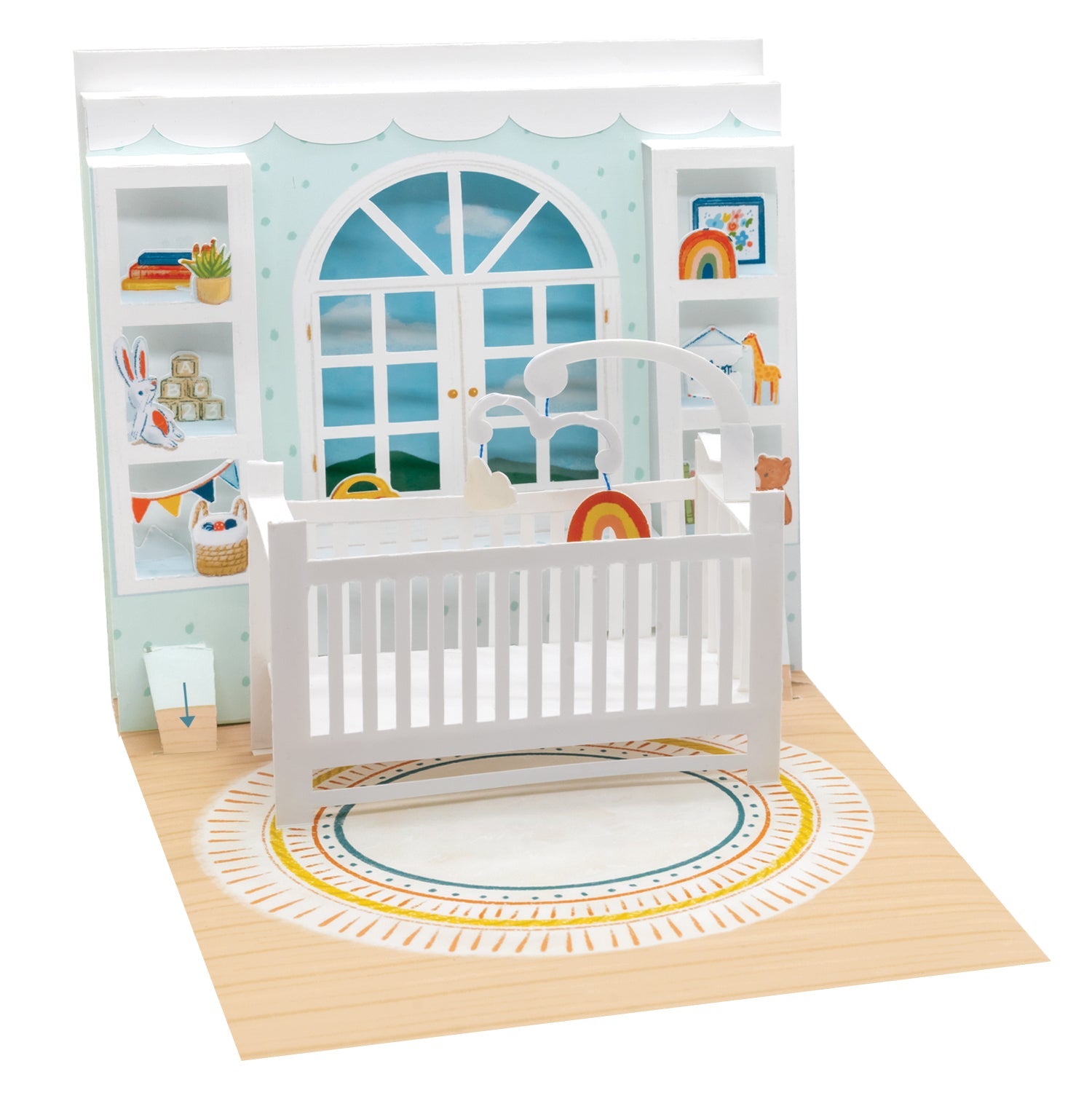 Children's room with a crib, bookshelf, and toys on a white background