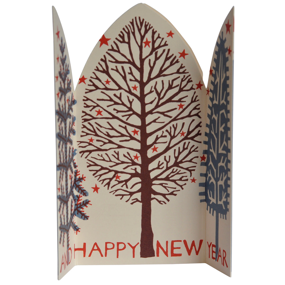 Three stylized trees with 'And Happy New Year' text on a white background