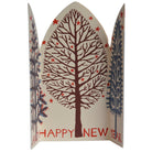 Three stylized trees with 'And Happy New Year' text on a white background