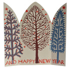 Three stylized trees with 'And Happy New Year' text on a white background