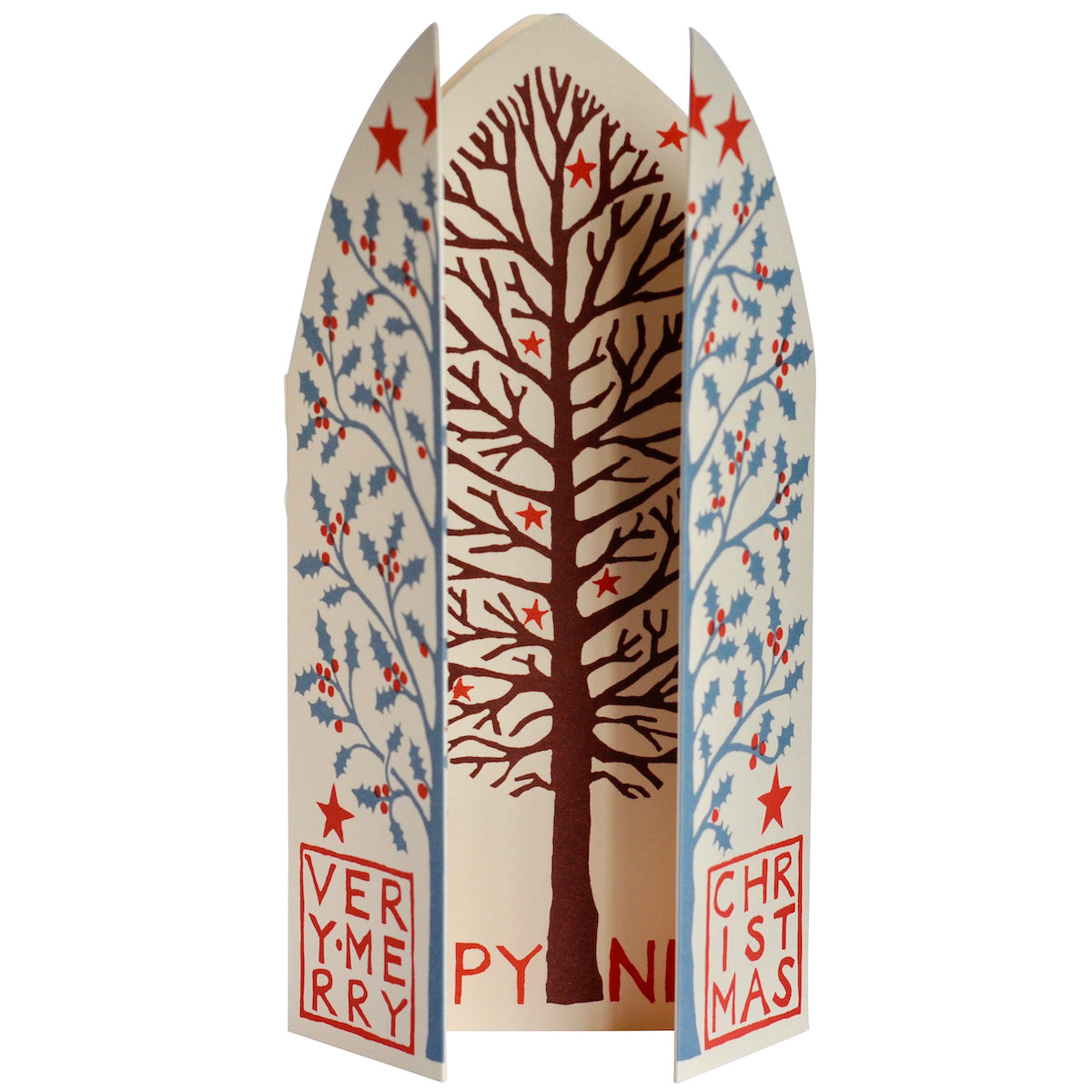 Three stylized trees with 'And Happy New Year' text on a white background