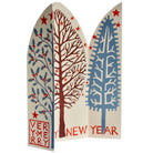 Three stylized trees with 'And Happy New Year' text on a white background