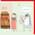 Cartoon illustration of Mary and Joseph with a donkey outside an inn with a 'Sorry, we're full' sign.