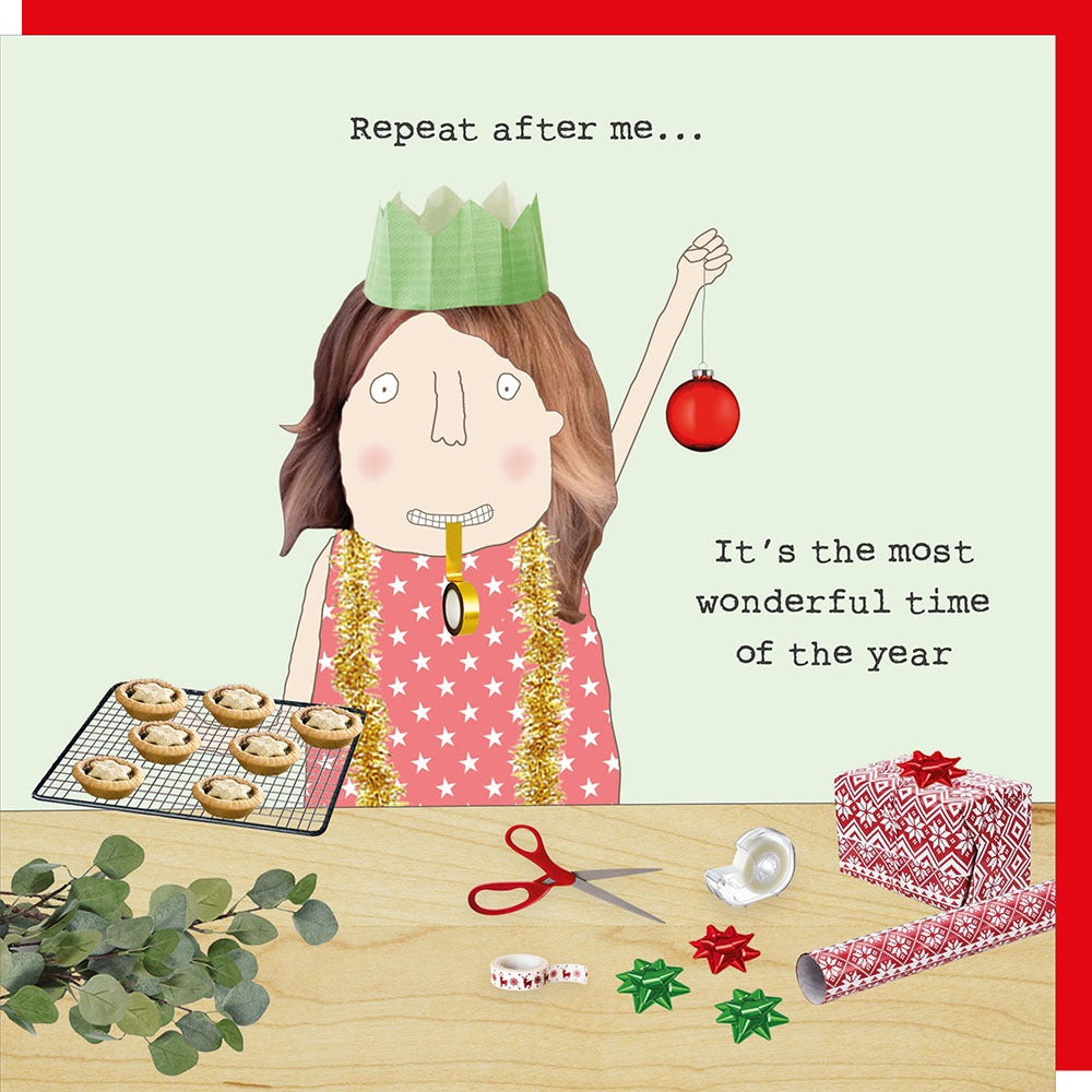 Illustration of a person in a festive setting with Christmas decorations and text.