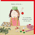 Illustration of a person in a festive setting with Christmas decorations and text.