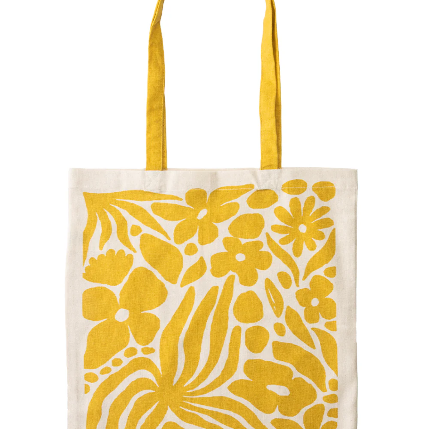 Tote bag with yellow floral pattern on a white background
