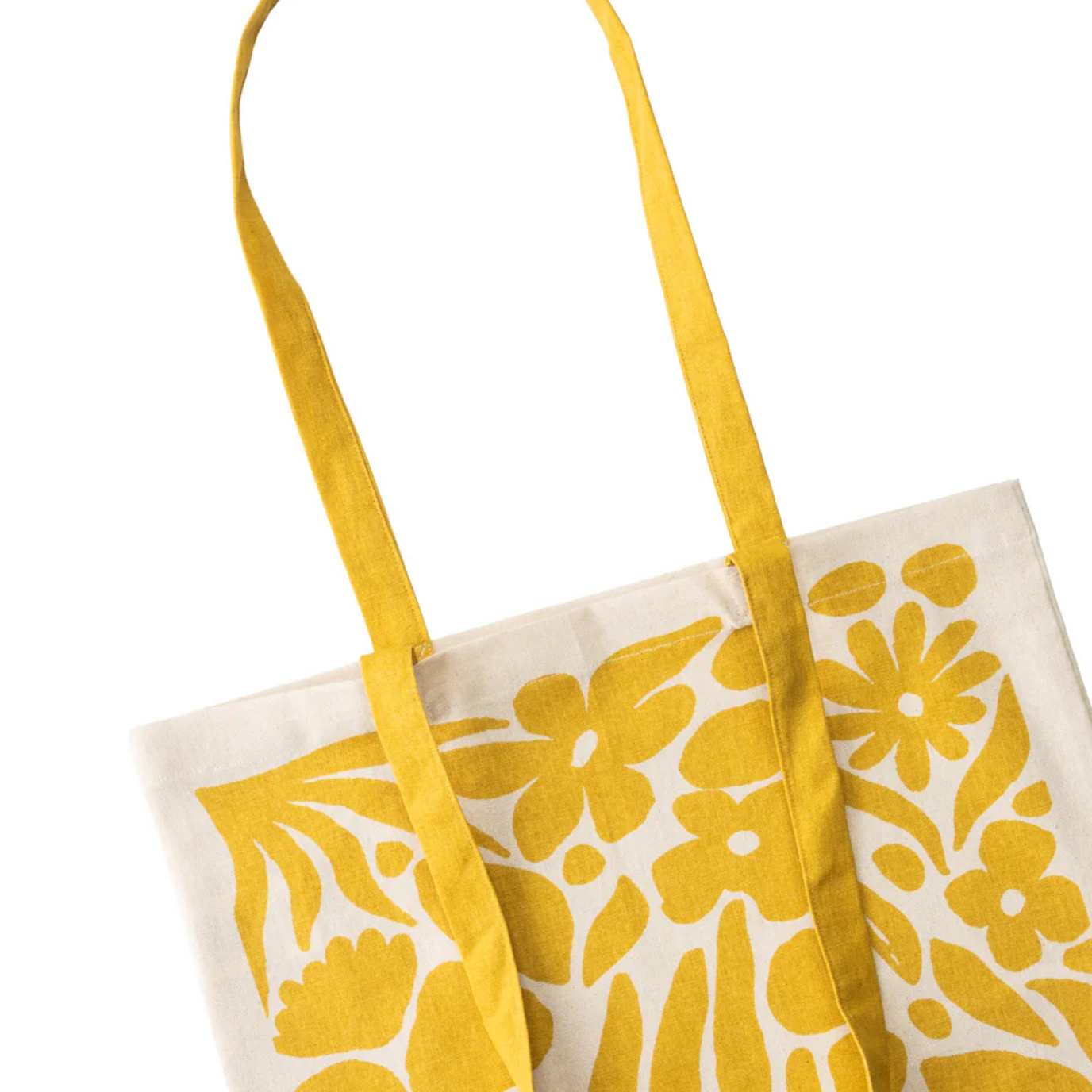 Yellow floral-patterned tote bag on a white background