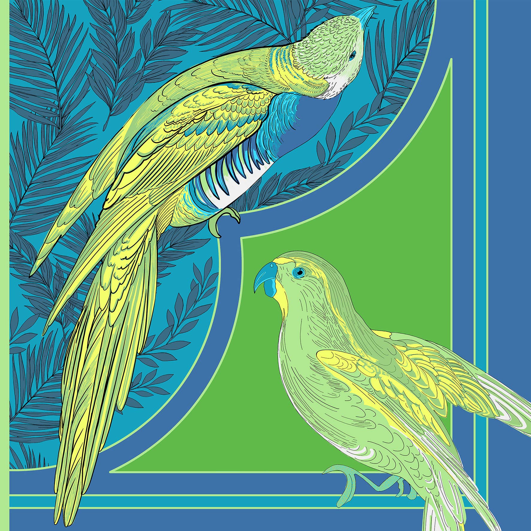 Wool stole with parrot birds pattern Manaus bright color: Mint