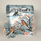 Decorative card with winter scene featuring birds and trees on a beige background