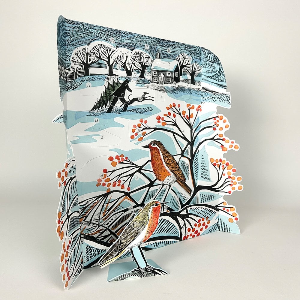 Decorative card with winter scene featuring birds and trees on a light gray background