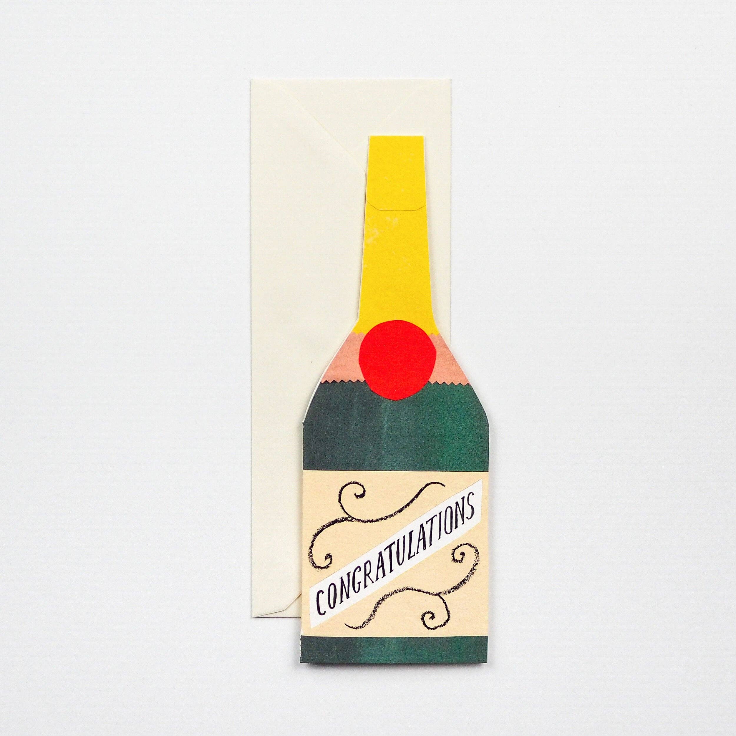 Card designed like a champagne bottle with 'Congratulations' text on a white background