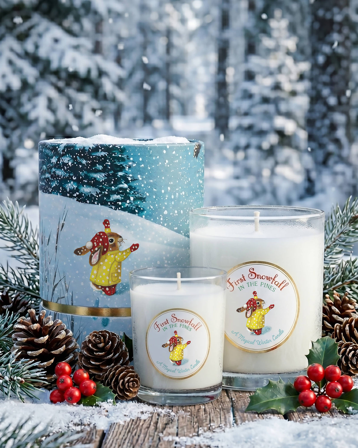 Candle with a winter scene label in a snowy forest setting