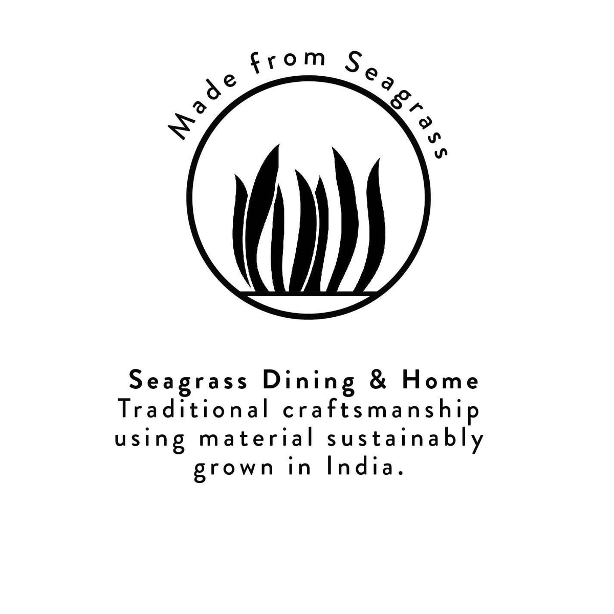 Logo for 'Made from Seagrass' with text about seagrass dining and home products made sustainably in India.