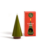 Green cone-shaped candle next to its packaging on a white background