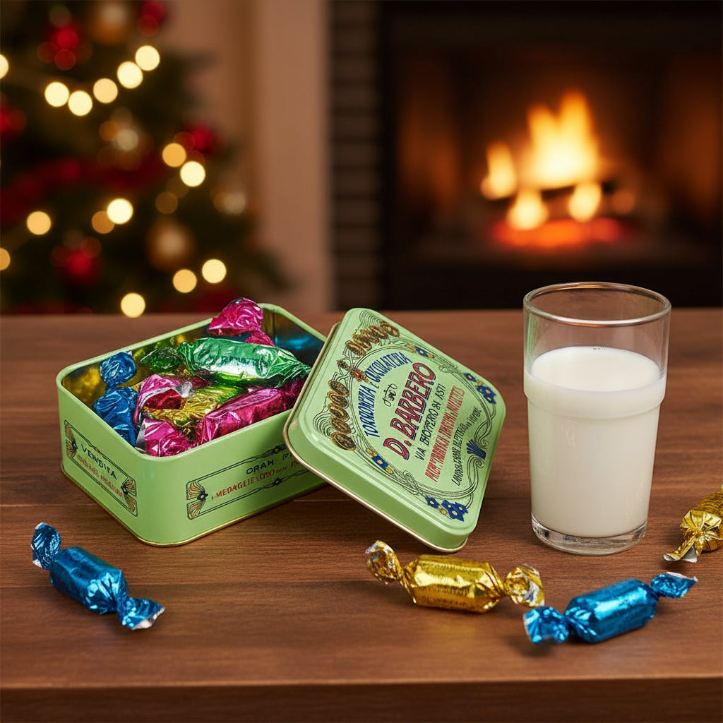 Open tin of colorful candies with decorative lid on a white background