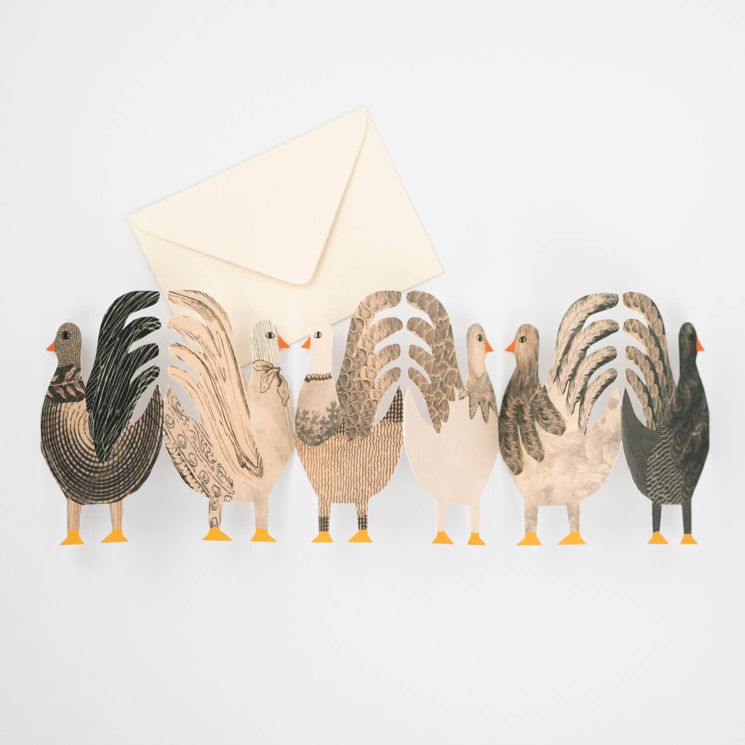 Set of stylized rooster illustrations with a letter on a light gray background