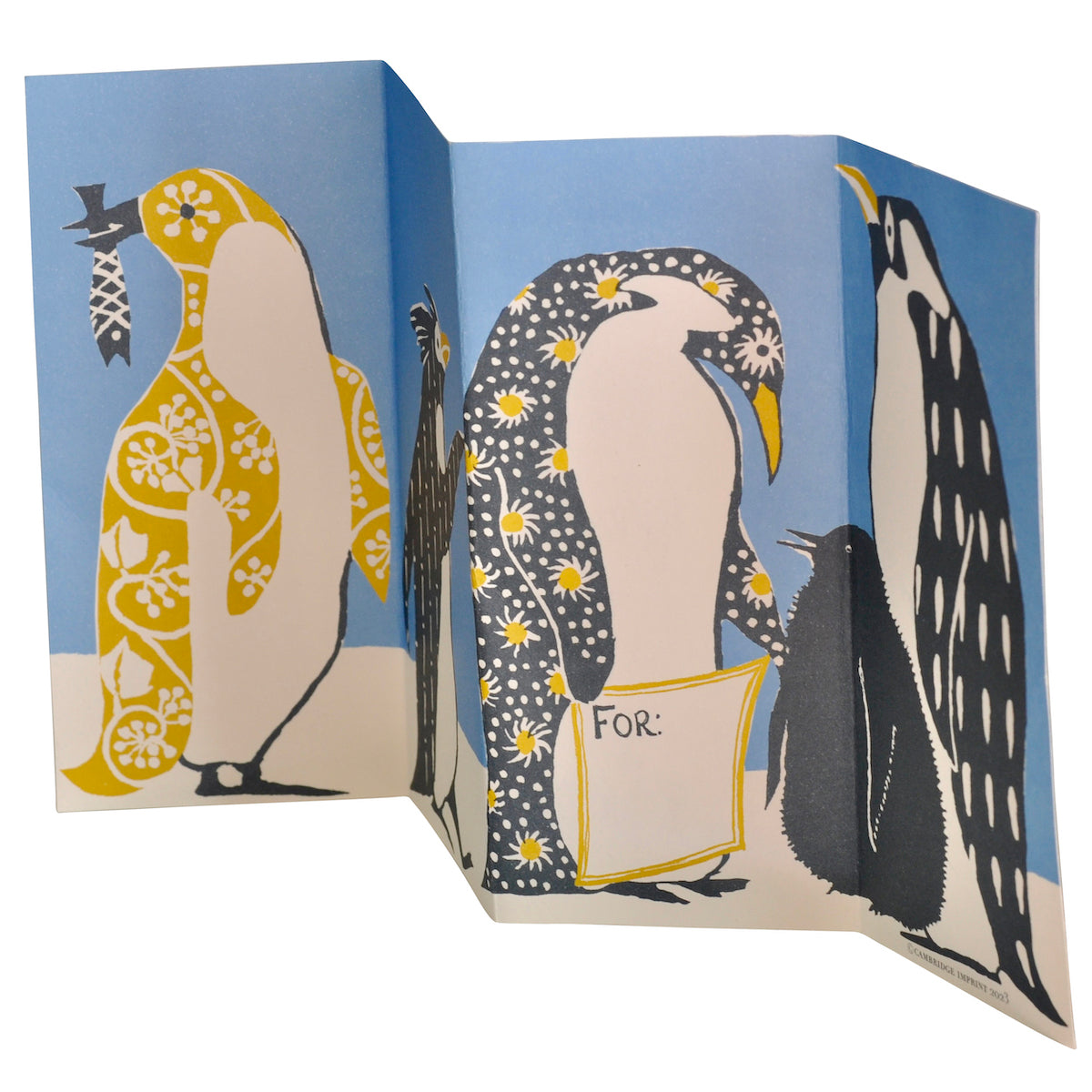 Greeting card with penguin illustrations on a blue background