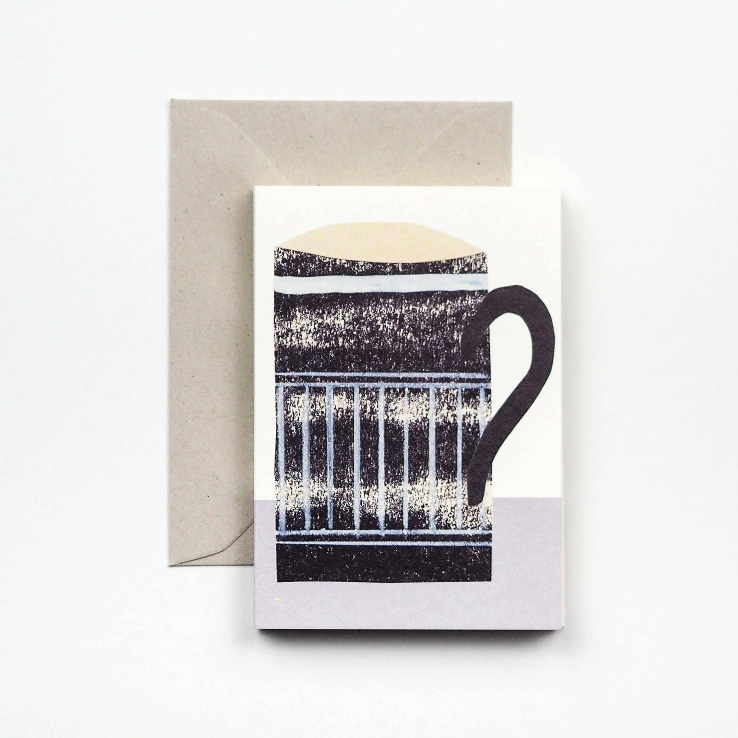 Greeting card with a black and white illustration of a mug on a white background