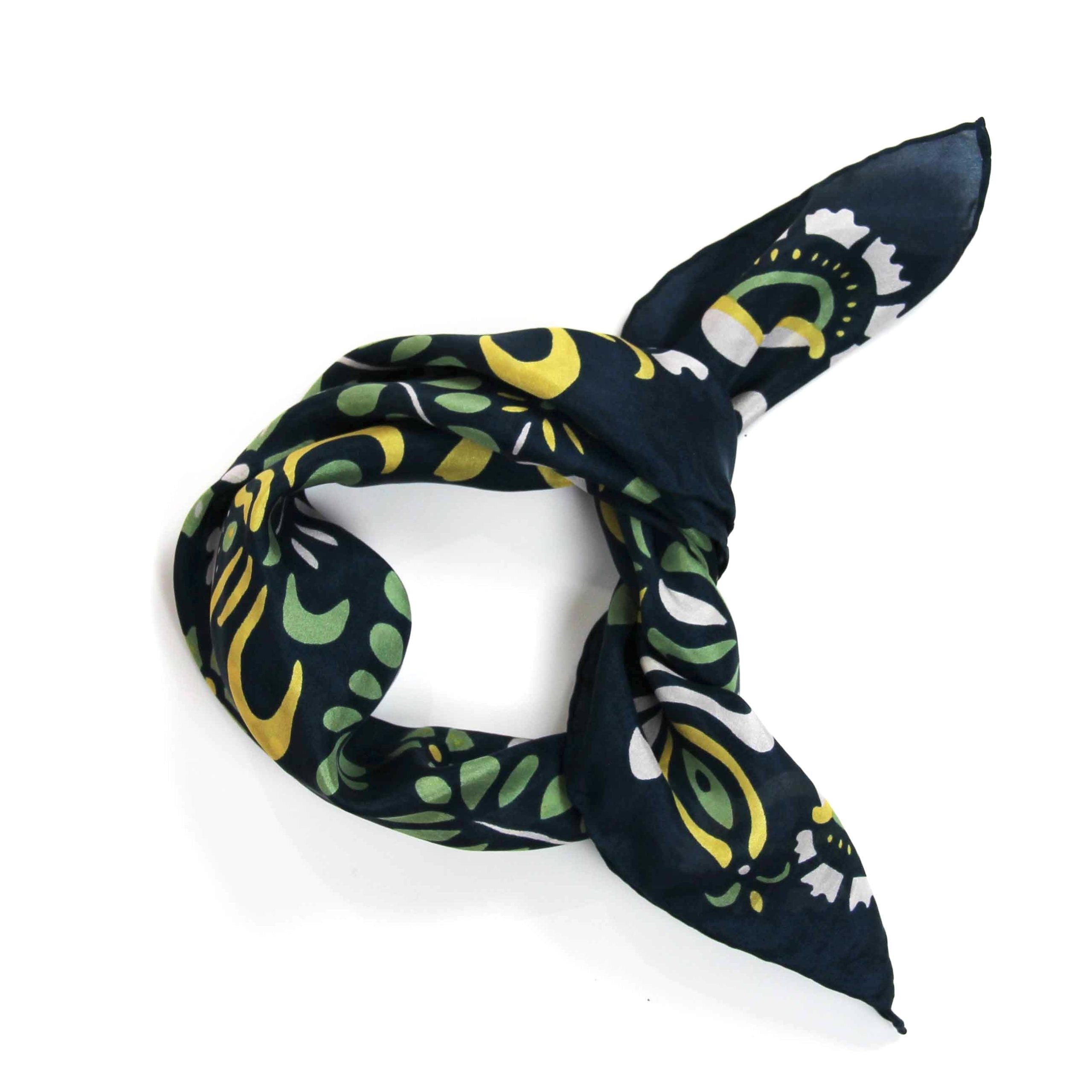 Navy blue scarf with green and yellow floral pattern on a white background