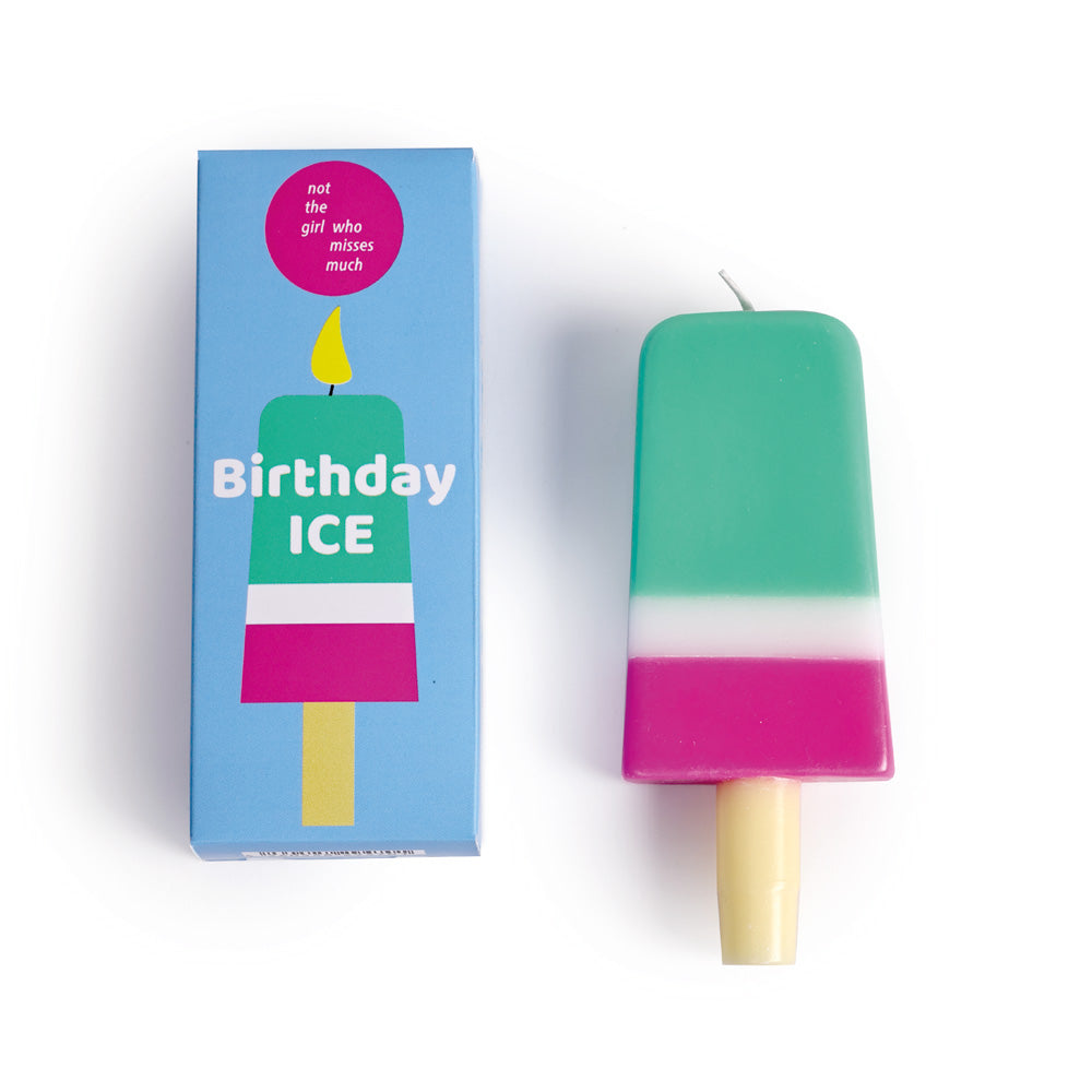Candle shaped like a popsicle with 'Birthday ICE' text next to its packaging on a white background