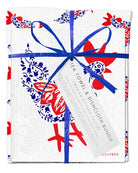 Tea towel and dishcloth bundle with red and blue patterns on a white background