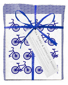Tea towel and dishcloth bundle with blue bicycle pattern on white background