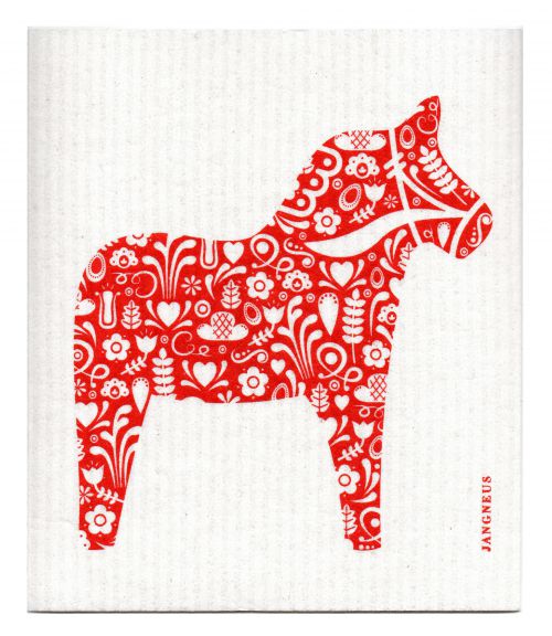 Red patterned horse design on a white background with 'Jansjeus' branding.