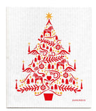 Decorative kitchen towel with a red Christmas tree design on a white background