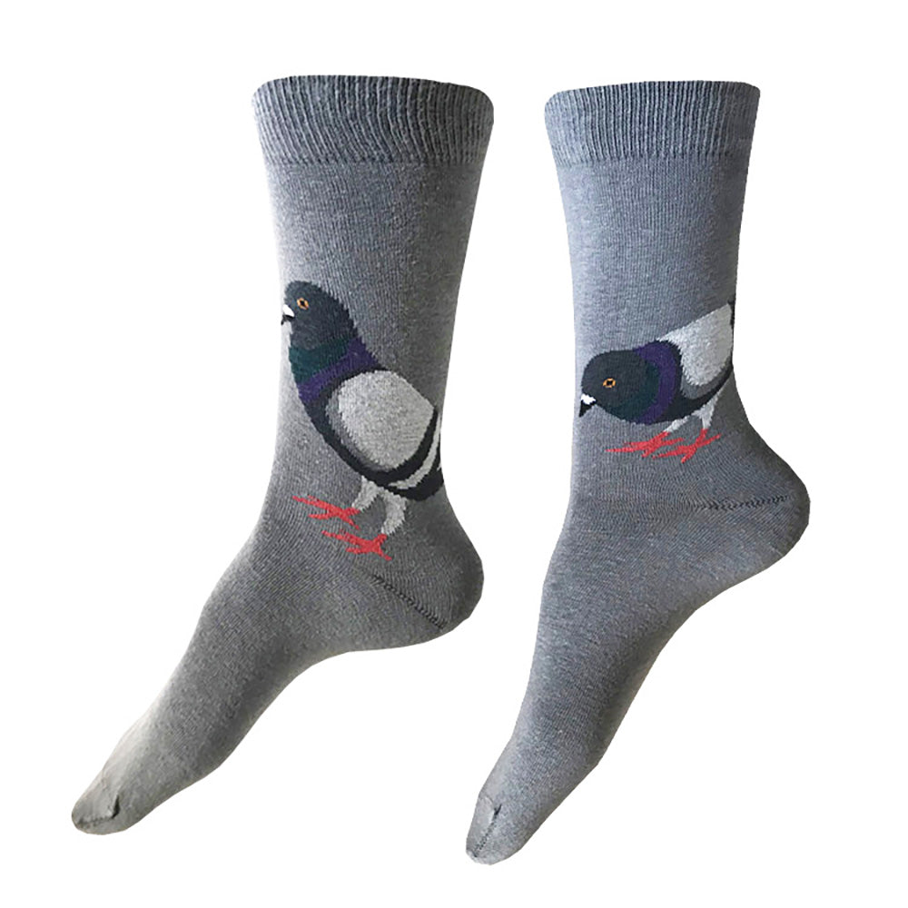 Gray socks with a pigeon design on a light gray background