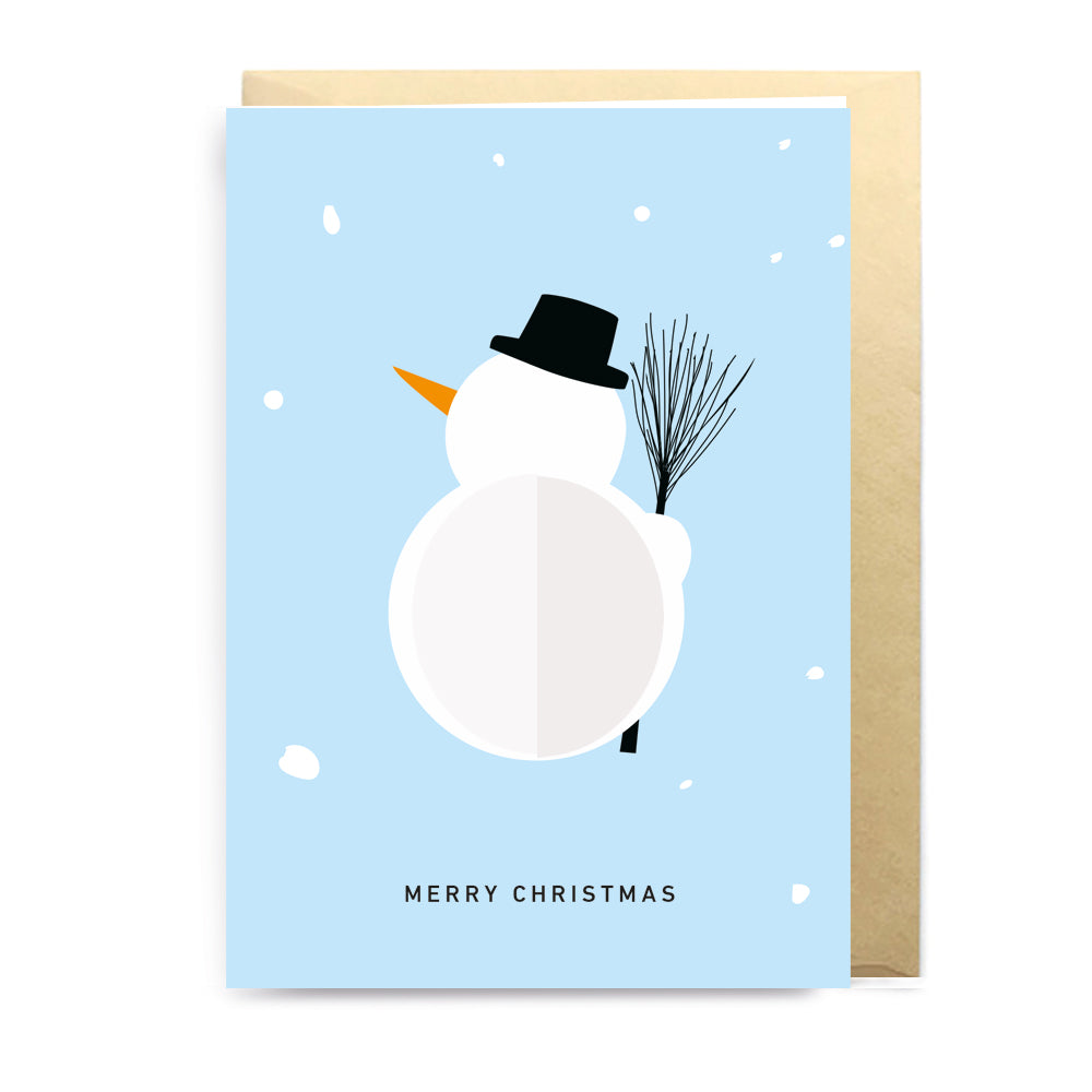 Christmas card with a snowman design on a light blue background