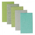 Set of five rectangular cloths in green, gray, and teal on a white background