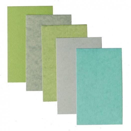 Set of five rectangular cloths in green, gray, and teal on a white background
