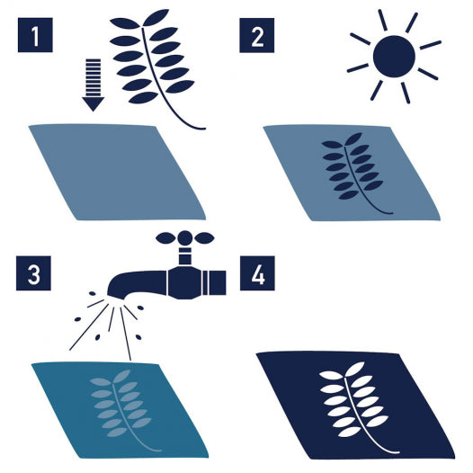 Step-by-step illustration of a leaf printing process on paper.
