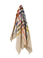 Plaid blanket with multicolor pattern draped over a white surface