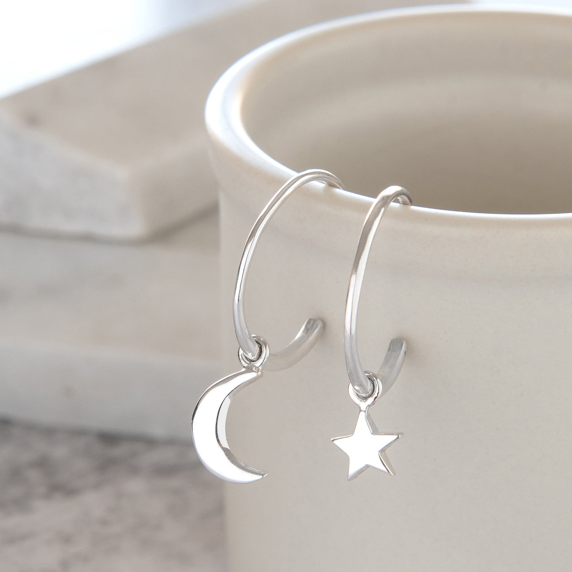 Half Hoop Earrings with Moon and Star Sterling Silver