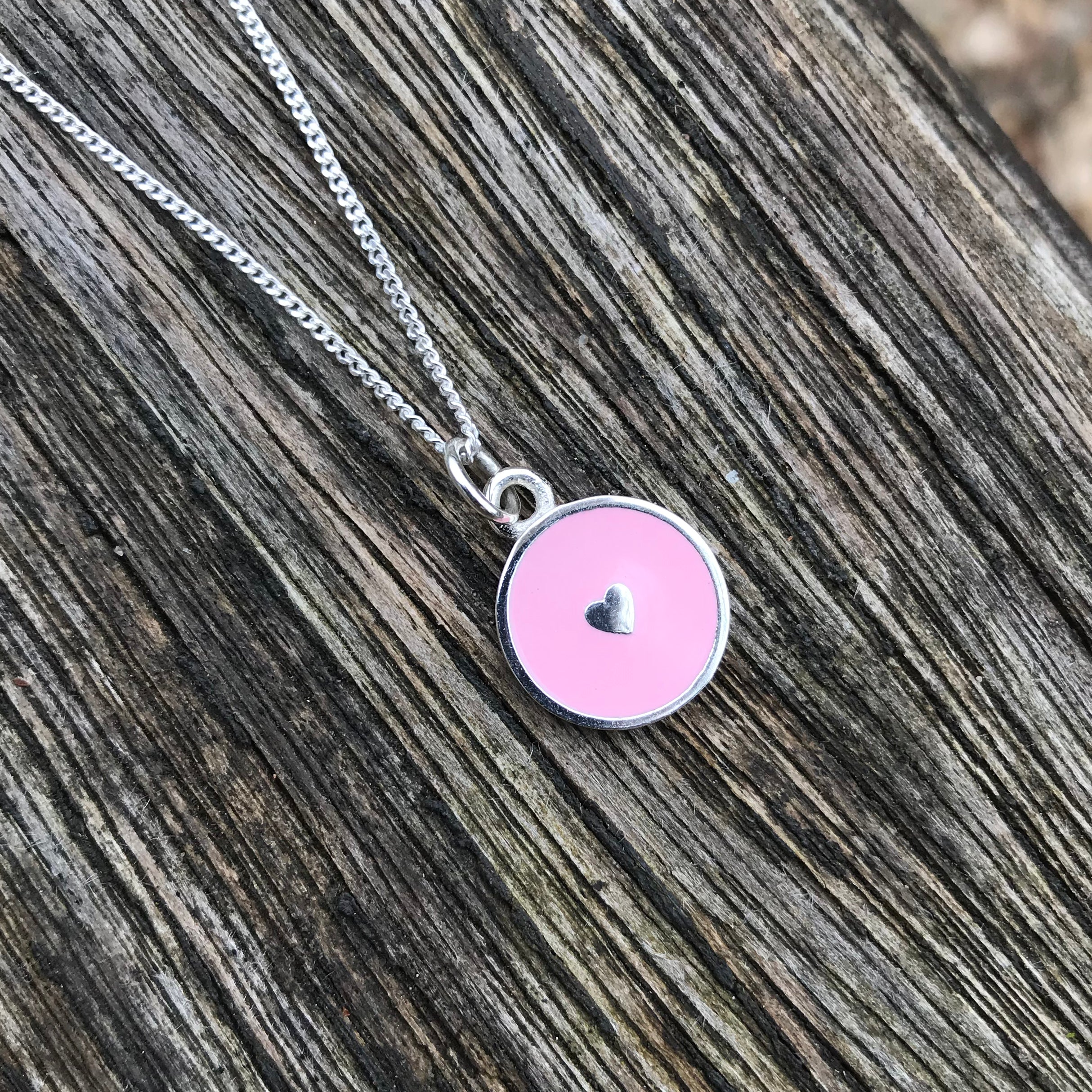 Powder Pink Heart Enamel Necklace Sterling Silver