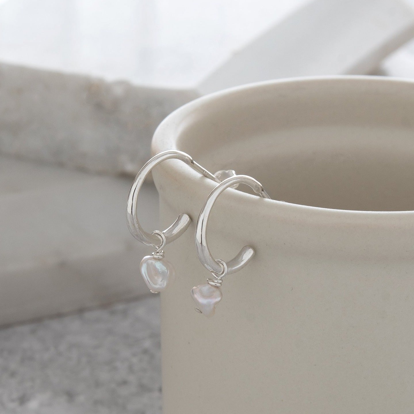 Half Hoop Earrings with Baroque Pearl Sterling Silver