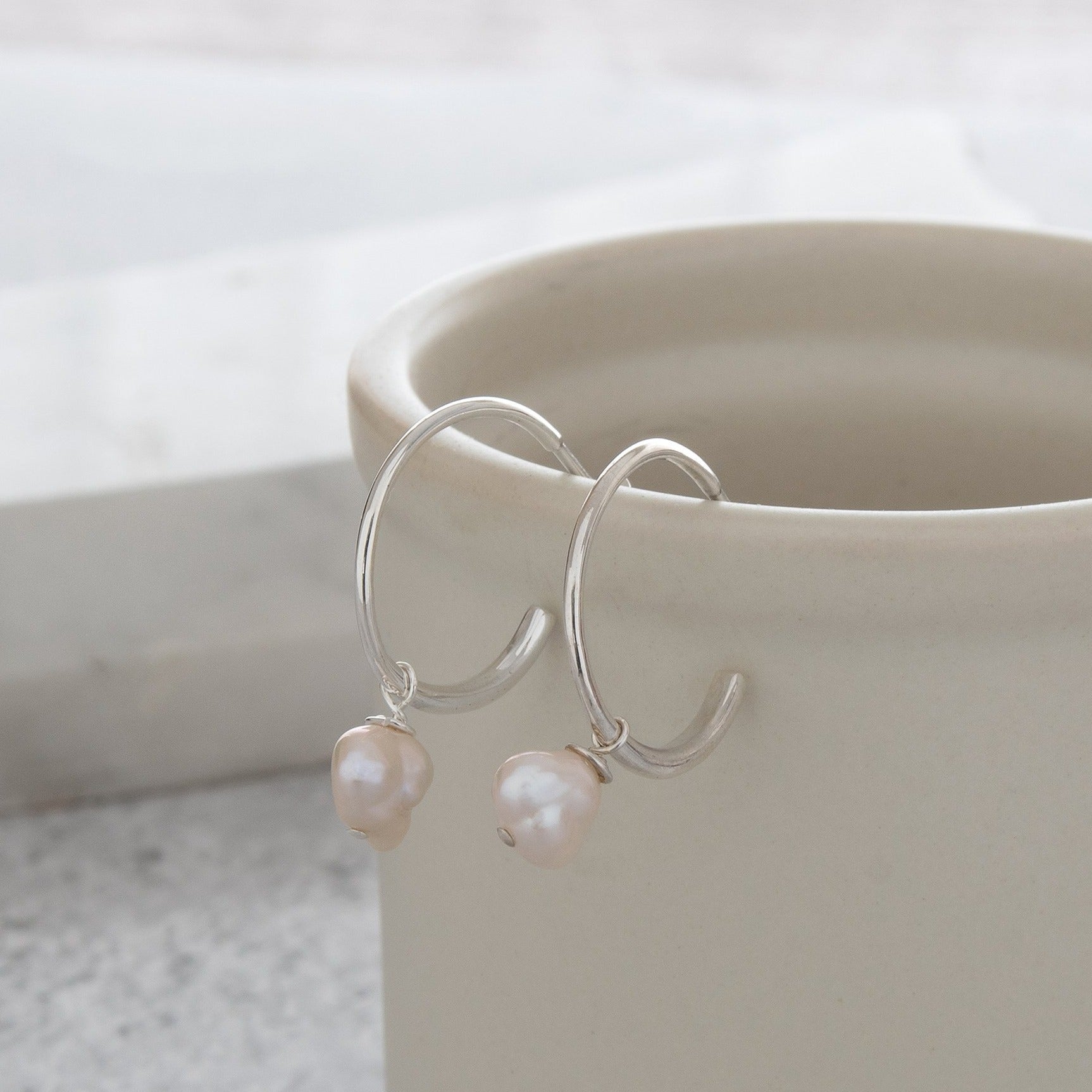 Half Hoop Earrings with Baroque Pearl Sterling Silver