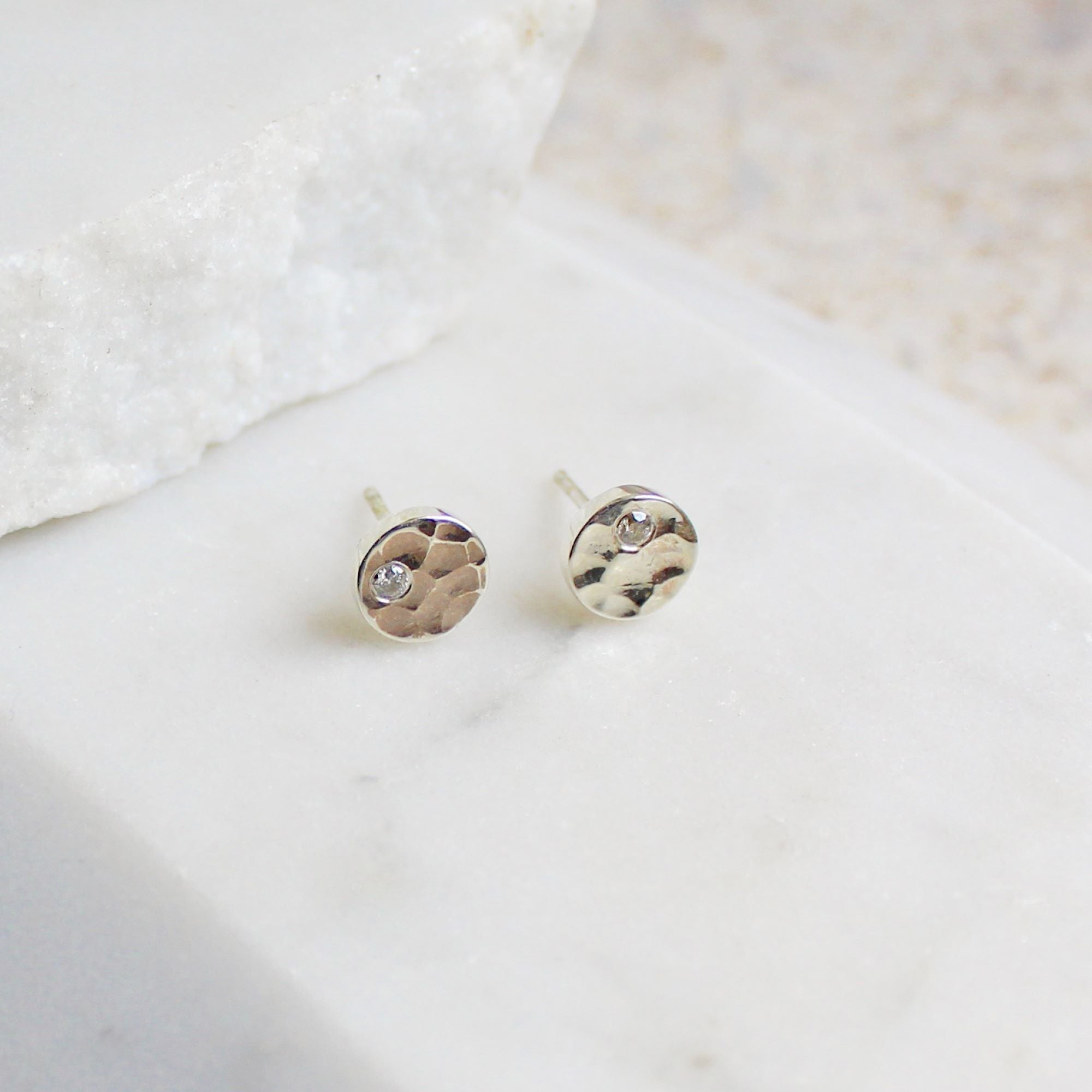 Hammered Birthstone Stud Earrings Sterling Silver