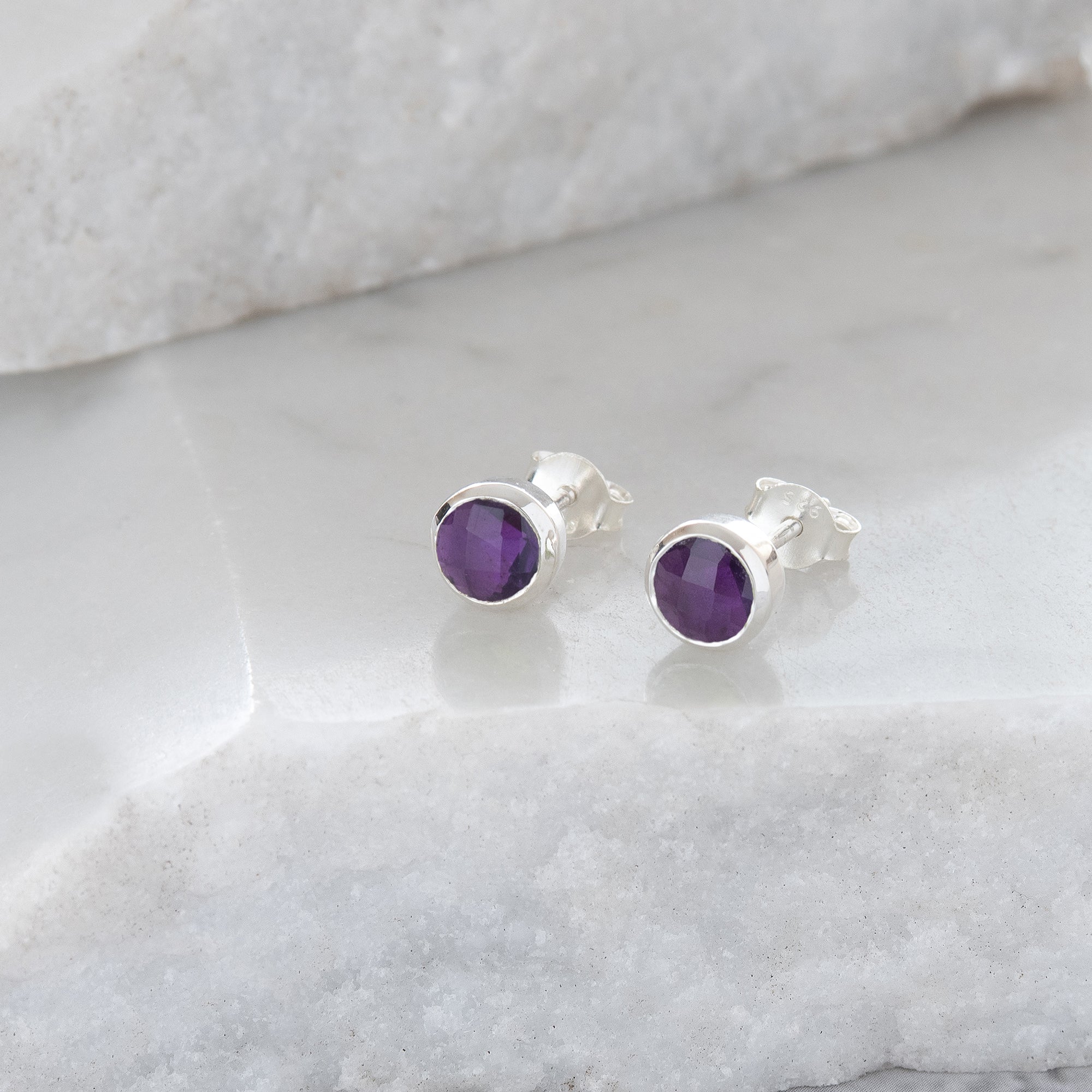 Birthstone Stud Earrings February: Amethyst and Sterling Silver