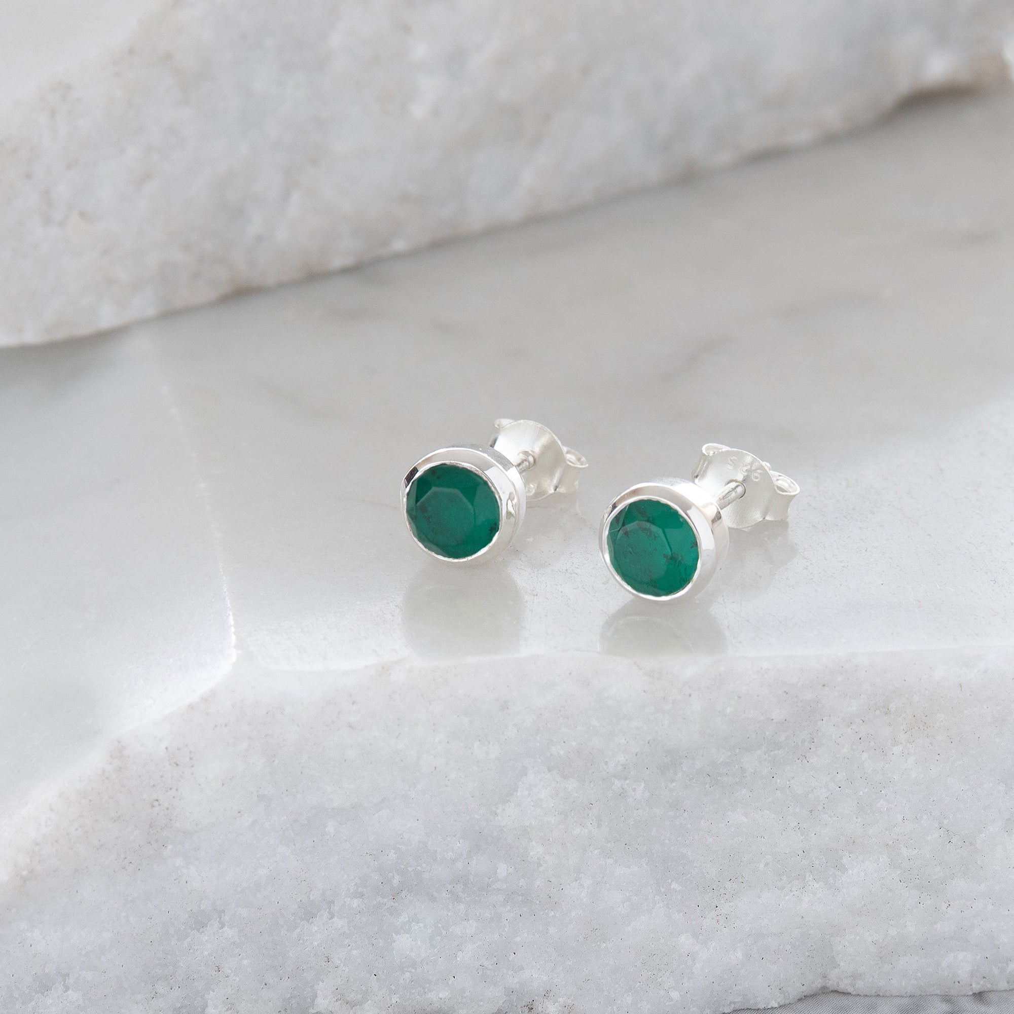 Birthstone Stud Earrings May: Emerald and Sterling Silver