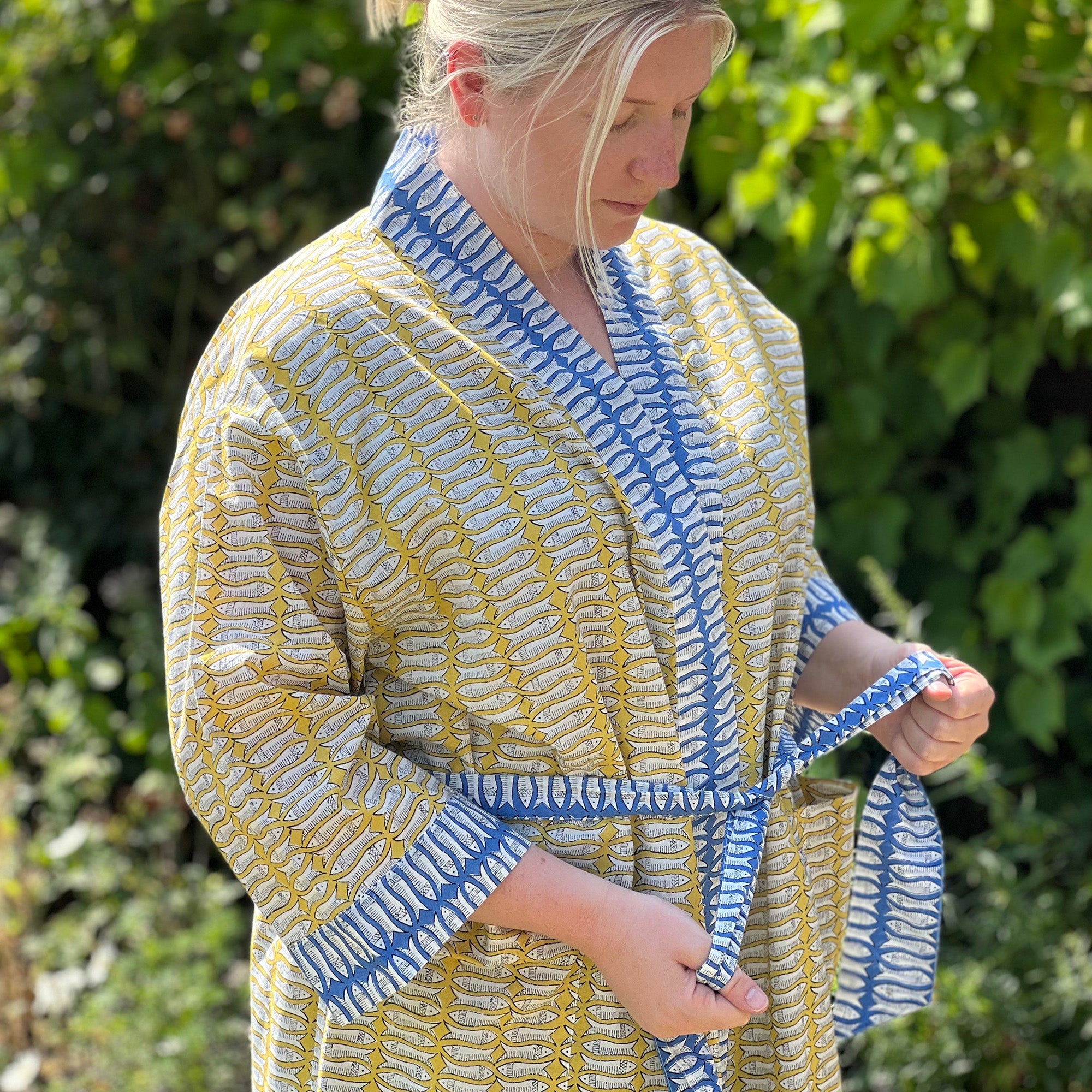 Ochre and Blue Fish Cotton Full Length Kimono